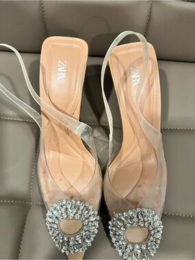 ZARA Nude Clear Slingback Heels with Crystal Embellishment
